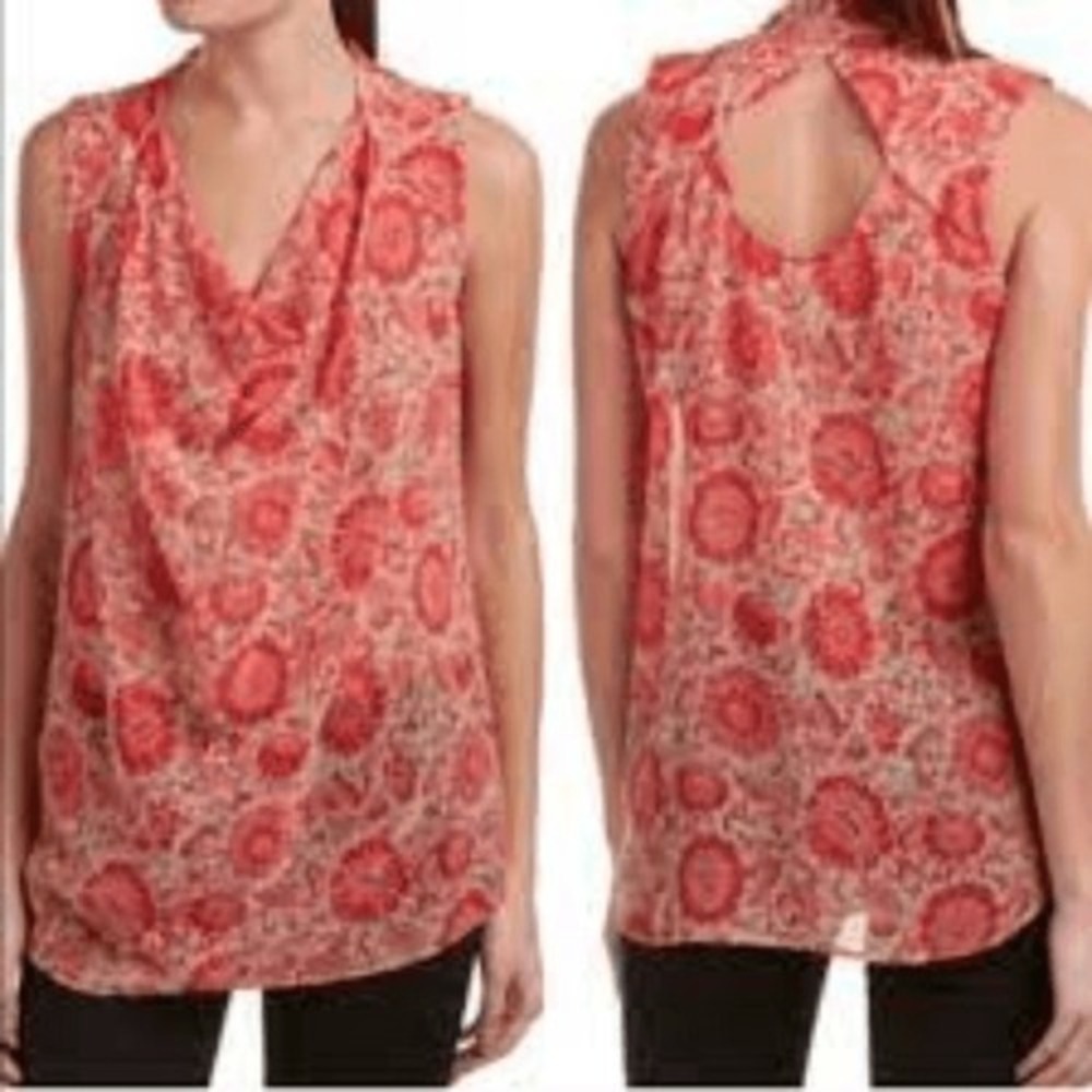 Cabi Pink Red Floral Cowl Neck Sleeveless Blouse Keyhole Back 5037 Small